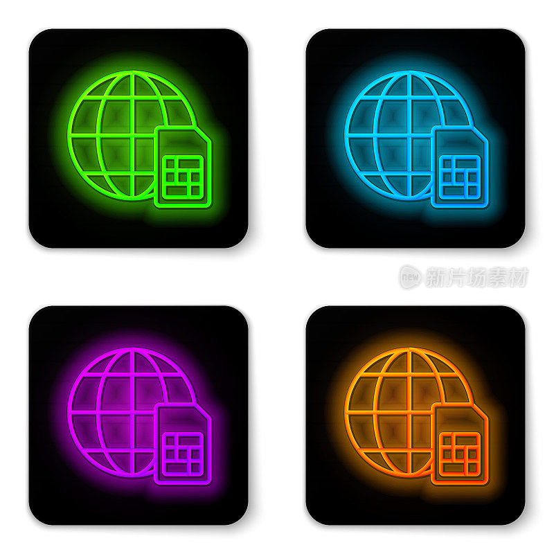 Glowing neon line Globe 5G Sim Card icon isolated on white background. Mobile and wireless communication technologies. Network chip electronic connection. Black square button. Vector
